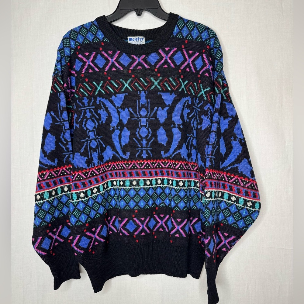 Vintage‎ Meister Mens New Wool Crewneck Sweater Colorful Geometric Indie Cosbys